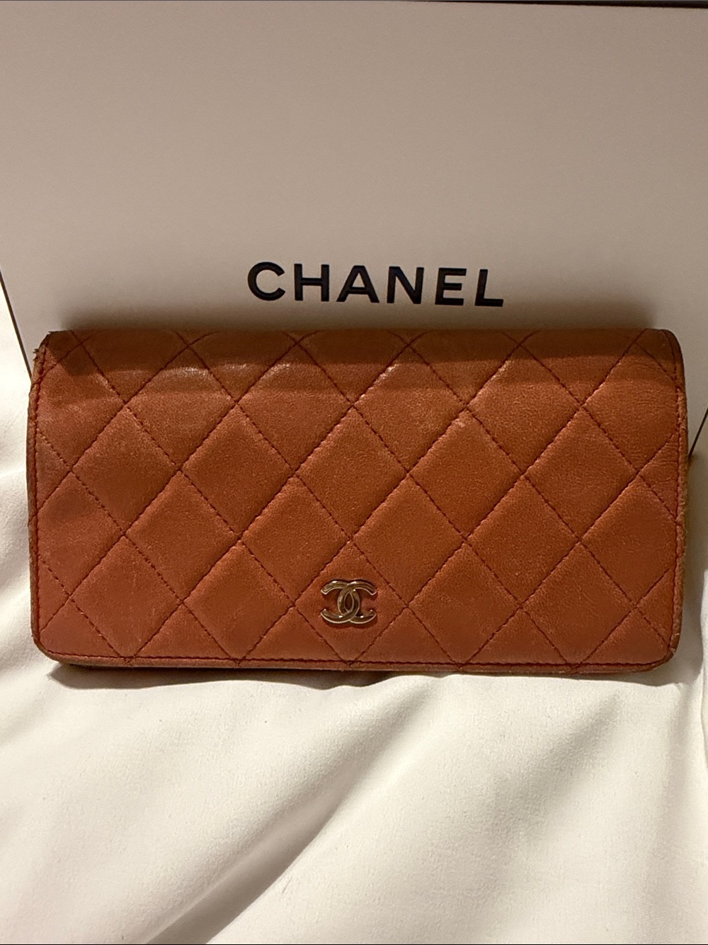 CHANEL Quilted Leather Wallet in Cognac Brown with CC Logo